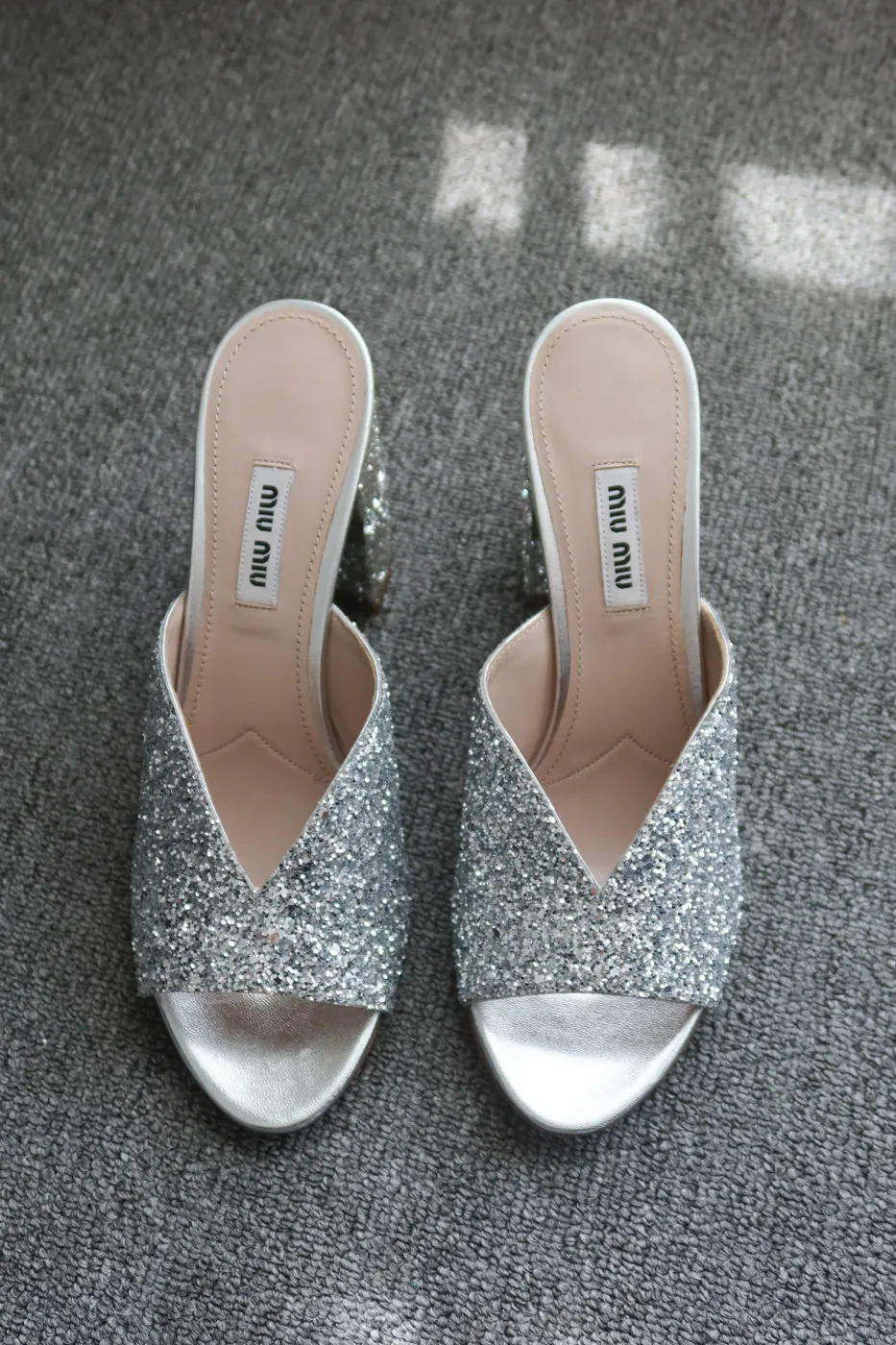 Salto Miu Miu Silver Glitter Chunky-Heel Mules 36 - 7