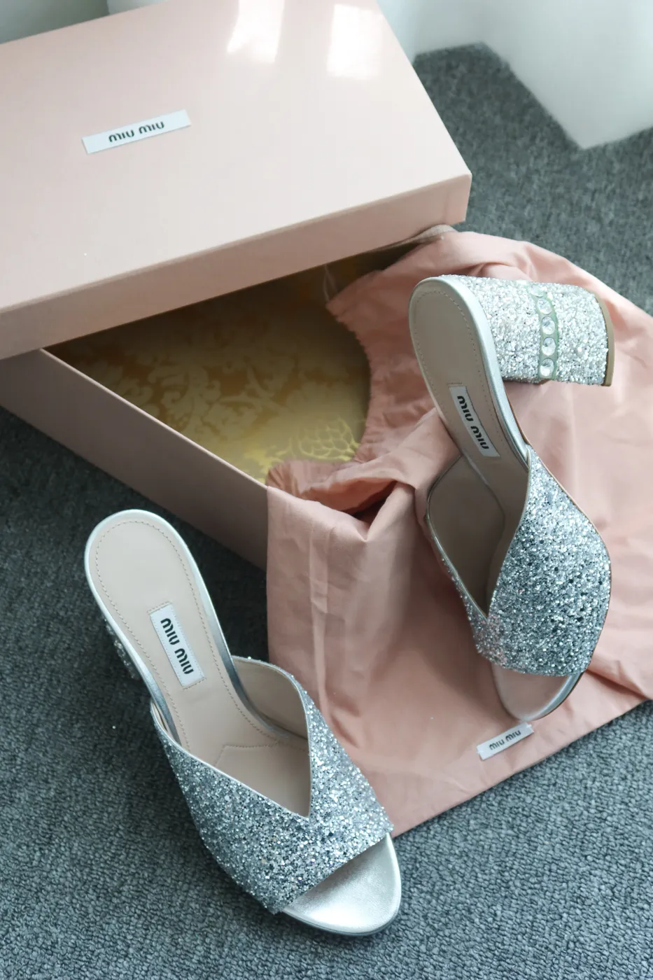 Salto Miu Miu Silver Glitter Chunky-Heel Mules 36 - 3