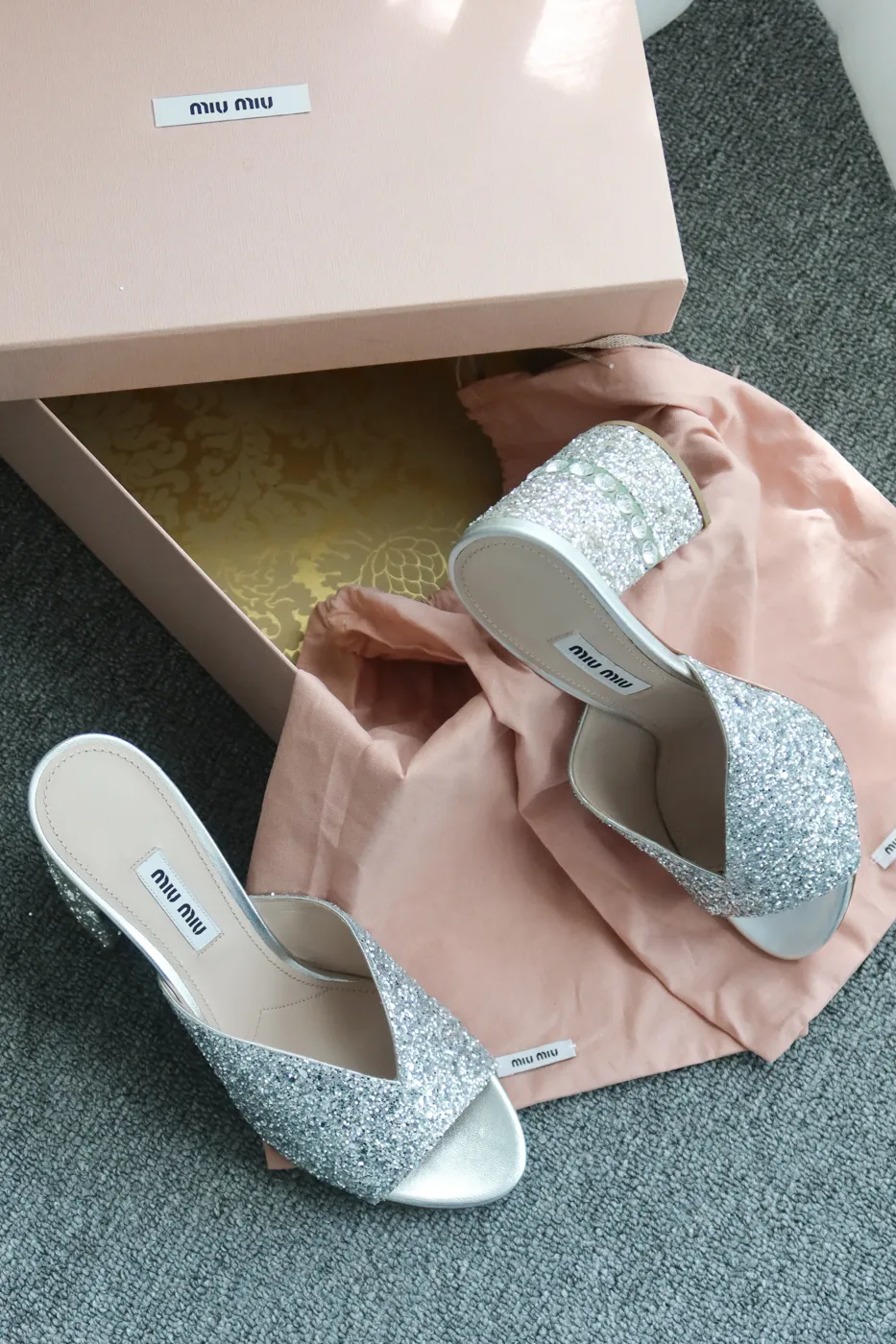 Salto Miu Miu Silver Glitter Chunky-Heel Mules 36 - 2