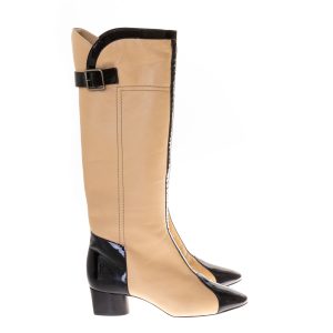 Bota Chanel Bicolor Couro Bege Verniz Preto
