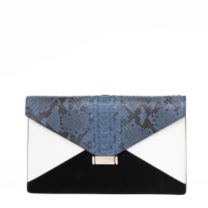 Clutch Celine Diamond Couro Preto Branco e Phyton Azul