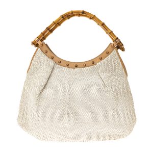 Bolsa Gucci Bamboo Tote Couro Trançado Branco