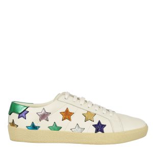 Tênis Saint Laurent Couro Branco e Estrelas Metalizadas