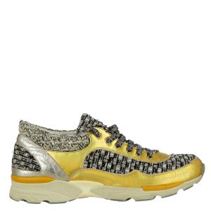Tênis Chanel Tweed Preto e Holográfico Dourado
