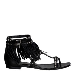 Rasteira Saint Laurent Franjas Couro Preto