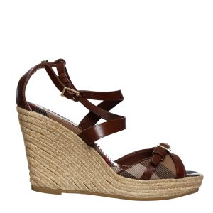 Sandália Burberry Anabela Couro Marrom e Housecheck