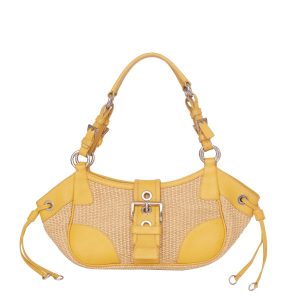 Bolsa Prada em Palha c Detalhes em Couro Amarelo