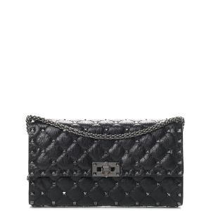 Bolsa Valentino Craquele Nappa Rockstud Spike Wallet On Chain Preta