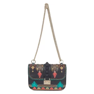 Bolsa Valentino Glam Lock Bordada Preta