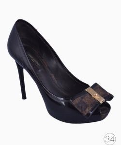 Sapato Louis Vuitton Peep Toe Couro Envernizado Damier Ébène