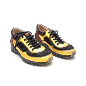 Tenis Chanel Tweed Preto e Dourado Tam 38