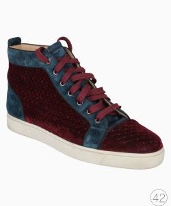Tênis Louboutin Cano Alto Veludo Azul e Vinho