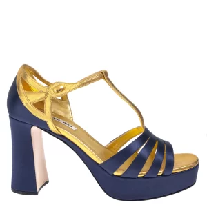Sandália Miu Miu Cetim Azul e Dourado