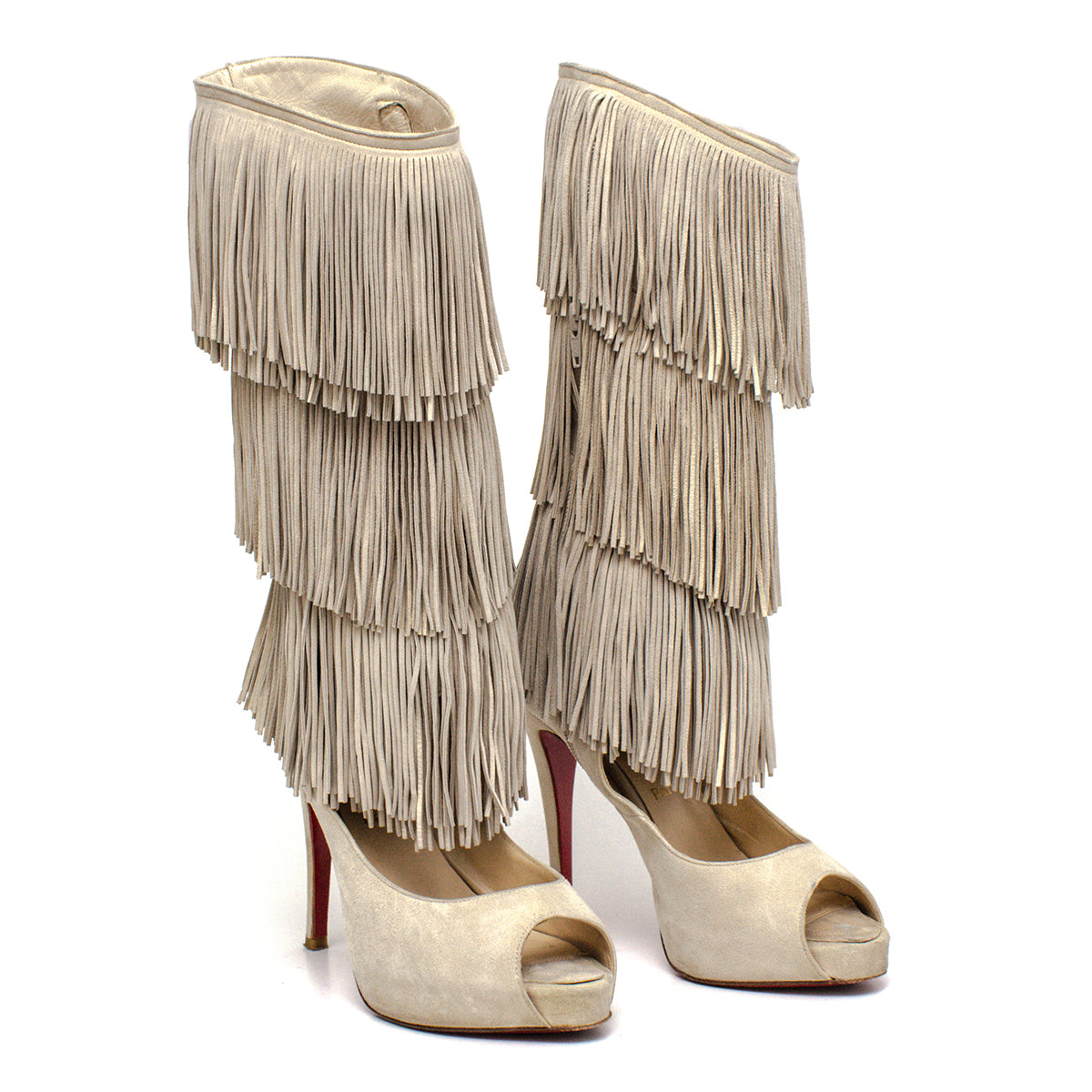 Bota Louboutin Fringe Cutout Boots Off White Tam. 38