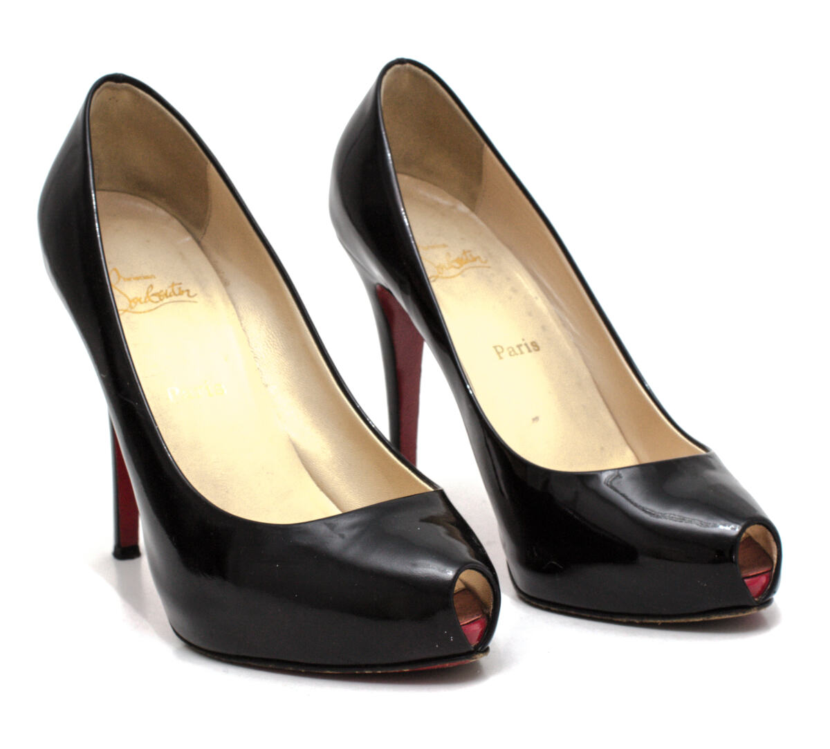 Sapato Louboutin Peep Toe Preto Verniz Tam. 38,5